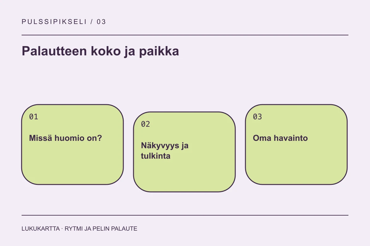 Lukukartta: Palautteen koko ja paikka. Missä huomio on?, Näkyvyys ja tulkinta, Oma havainto.