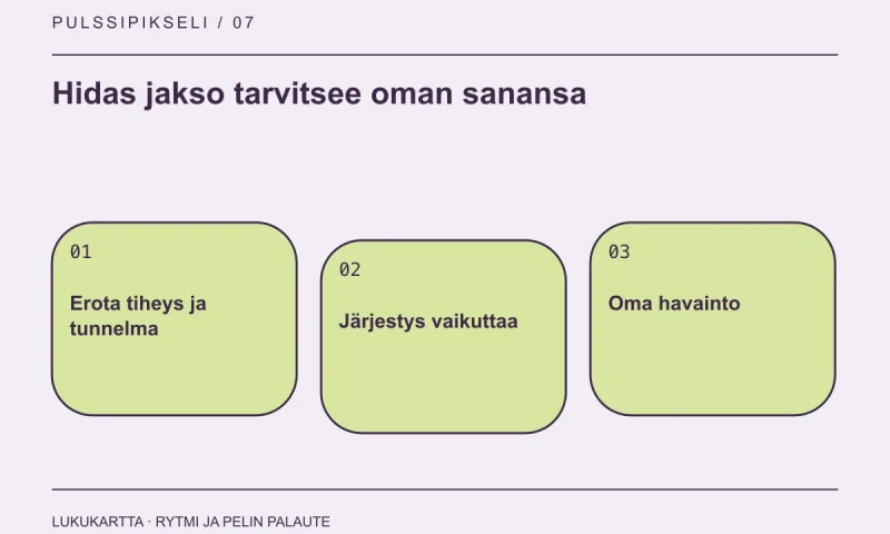 Lukukartta: Hidas jakso tarvitsee oman sanansa. Erota tiheys ja tunnelma, Järjestys vaikuttaa, Oma havainto.