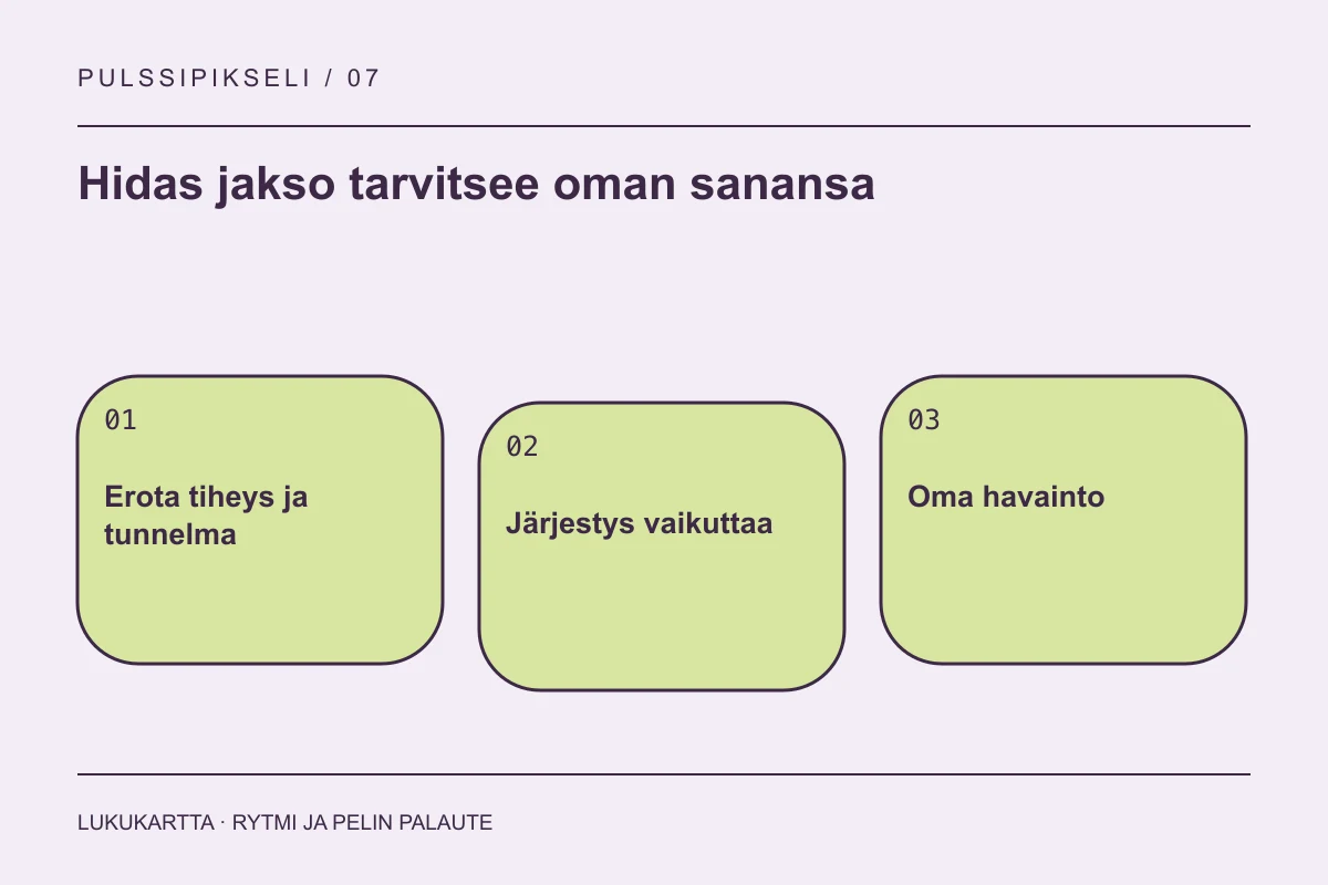 Lukukartta: Hidas jakso tarvitsee oman sanansa. Erota tiheys ja tunnelma, Järjestys vaikuttaa, Oma havainto.